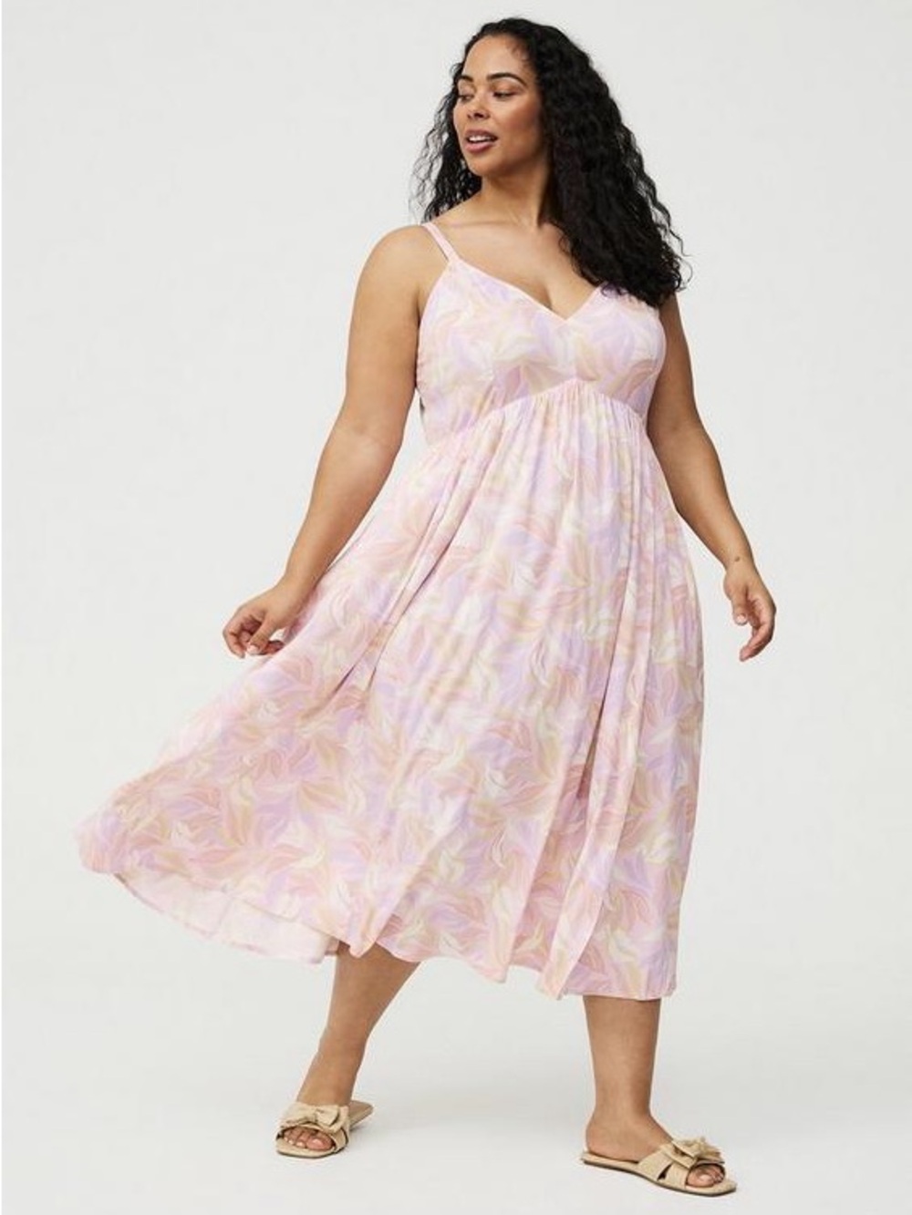 LIKE NEW Torrid V-Neck Tea Length Dress, women's size 1, multi-color swaying lea